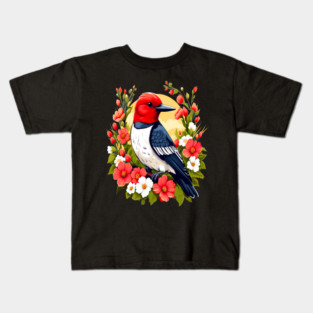 Cute Red Headed Woodpecker Surrounded by Vibrant Flowers Kids T-Shirt