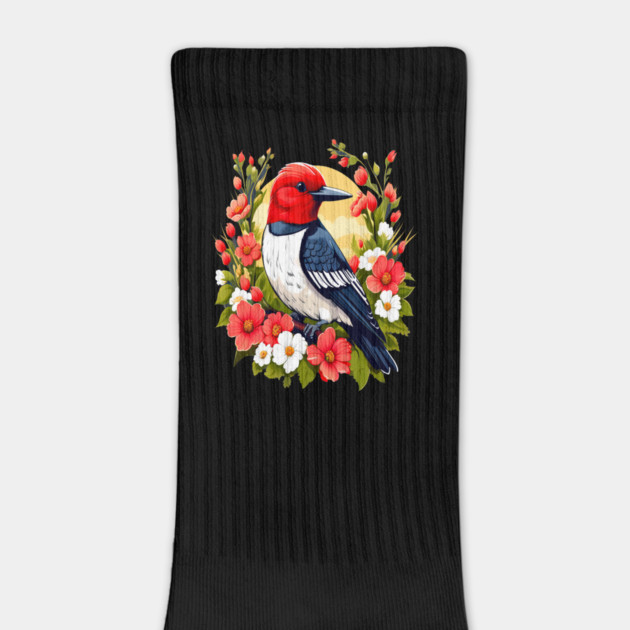 Cute Red Headed Woodpecker Surrounded by Vibrant Flowers by BirdsnStuff