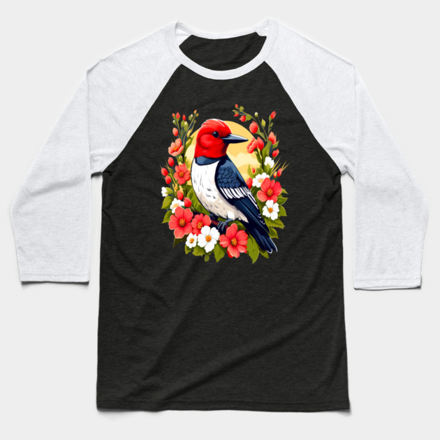 Cute Red Headed Woodpecker Surrounded by Vibrant Flowers Baseball T-Shirt by BirdsnStuff
