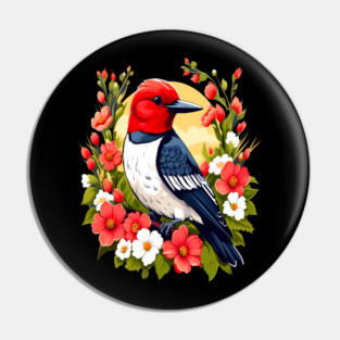 Cute Red Headed Woodpecker Surrounded by Vibrant Flowers Pin