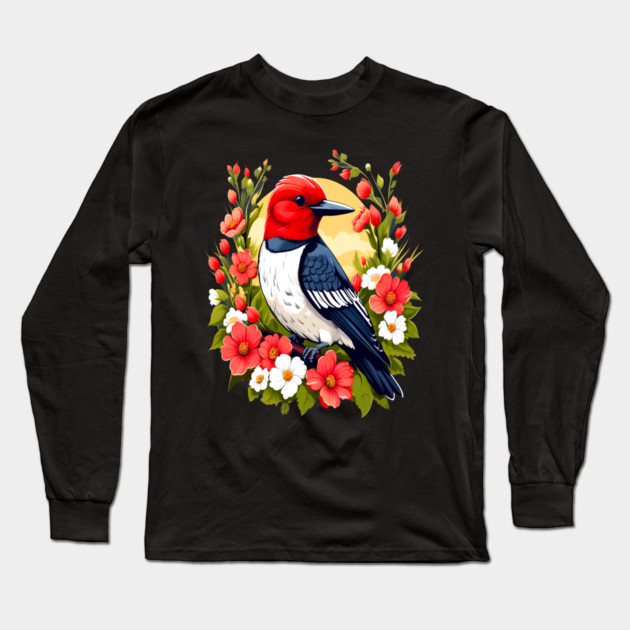 Cute Red Headed Woodpecker Surrounded by Vibrant Flowers Long Sleeve T-Shirt by BirdsnStuff