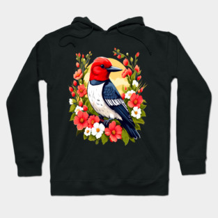 Cute Red Headed Woodpecker Surrounded by Vibrant Flowers Hoodie