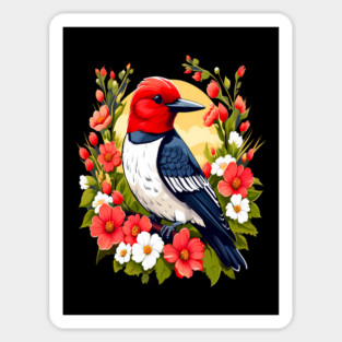 Cute Red Headed Woodpecker Surrounded by Vibrant Flowers Sticker