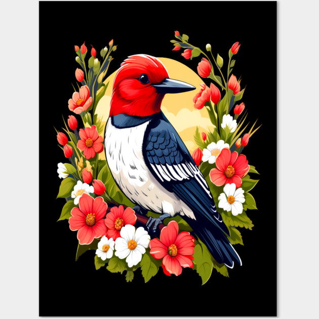 Cute Red Headed Woodpecker Surrounded by Vibrant Flowers Wall Art by BirdsnStuff