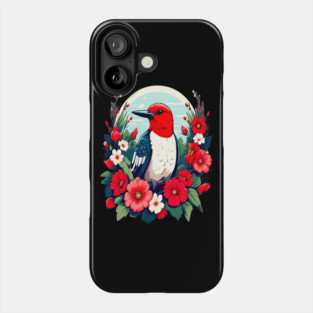 Cute Red Headed Woodpecker Surrounded by Vibrant Flowers Phone Case