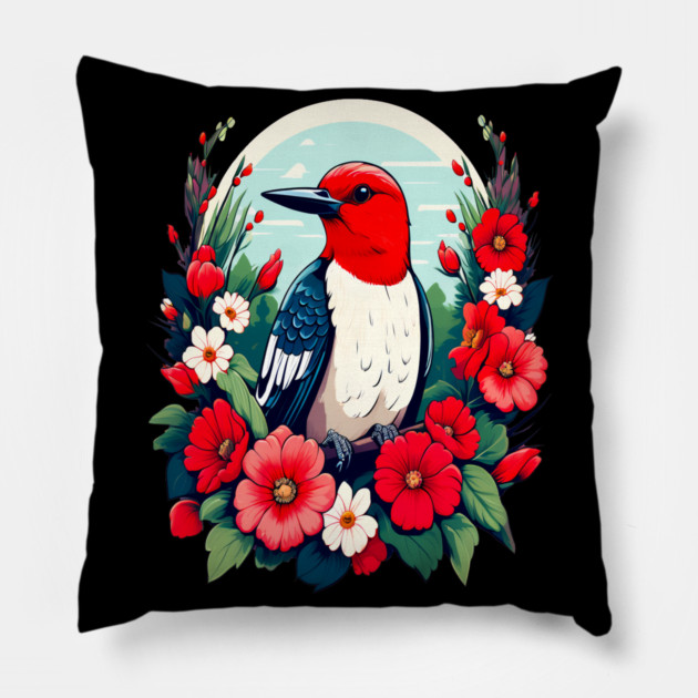 Cute Red Headed Woodpecker Surrounded by Vibrant Flowers Pillow by BirdsnStuff