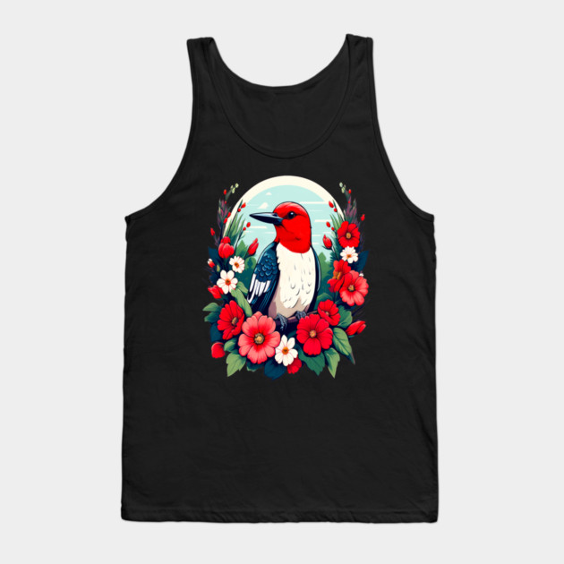 Cute Red Headed Woodpecker Surrounded by Vibrant Flowers Tank Top by BirdsnStuff