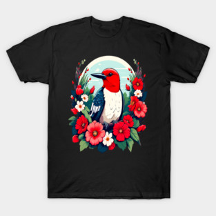 Cute Red Headed Woodpecker Surrounded by Vibrant Flowers T-Shirt