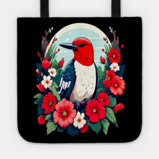 Cute Red Headed Woodpecker Surrounded by Vibrant Flowers Tote