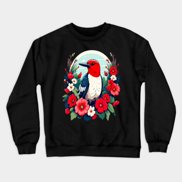 Cute Red Headed Woodpecker Surrounded by Vibrant Flowers Crewneck Sweatshirt by BirdsnStuff