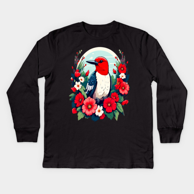 Cute Red Headed Woodpecker Surrounded by Vibrant Flowers Kids Long Sleeve T-Shirt by BirdsnStuff