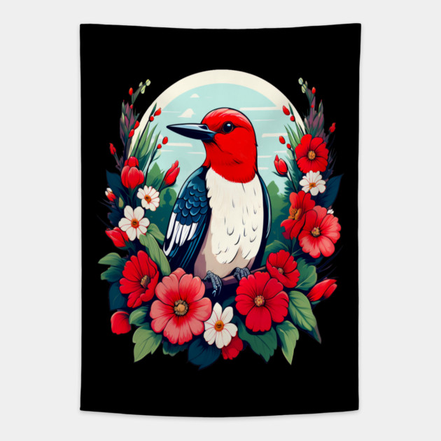 Cute Red Headed Woodpecker Surrounded by Vibrant Flowers Tapestry by BirdsnStuff