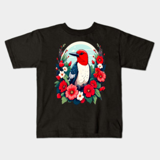 Cute Red Headed Woodpecker Surrounded by Vibrant Flowers Kids T-Shirt