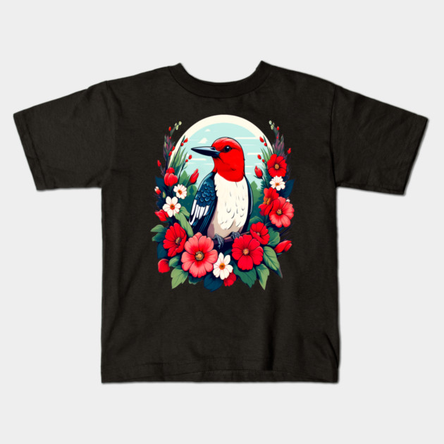 Cute Red Headed Woodpecker Surrounded by Vibrant Flowers Kids T-Shirt by BirdsnStuff