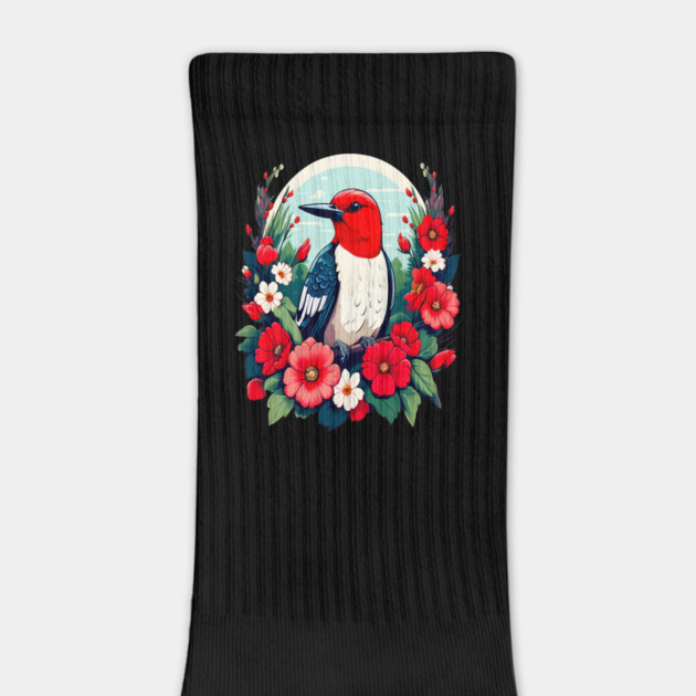 Cute Red Headed Woodpecker Surrounded by Vibrant Flowers by BirdsnStuff