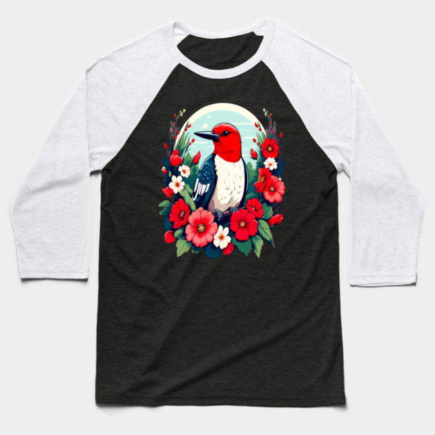 Cute Red Headed Woodpecker Surrounded by Vibrant Flowers Baseball T-Shirt by BirdsnStuff