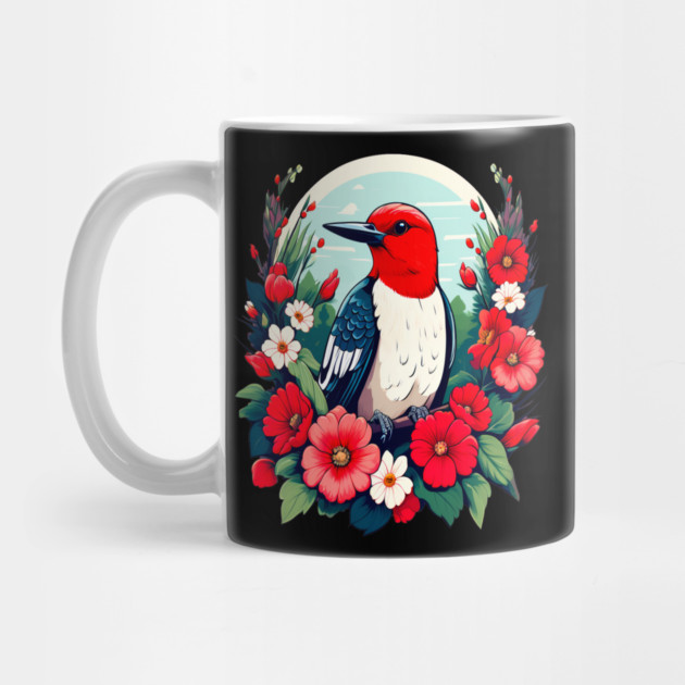 Cute Red Headed Woodpecker Surrounded by Vibrant Flowers by BirdsnStuff
