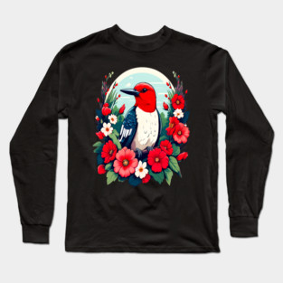 Cute Red Headed Woodpecker Surrounded by Vibrant Flowers Long Sleeve T-Shirt