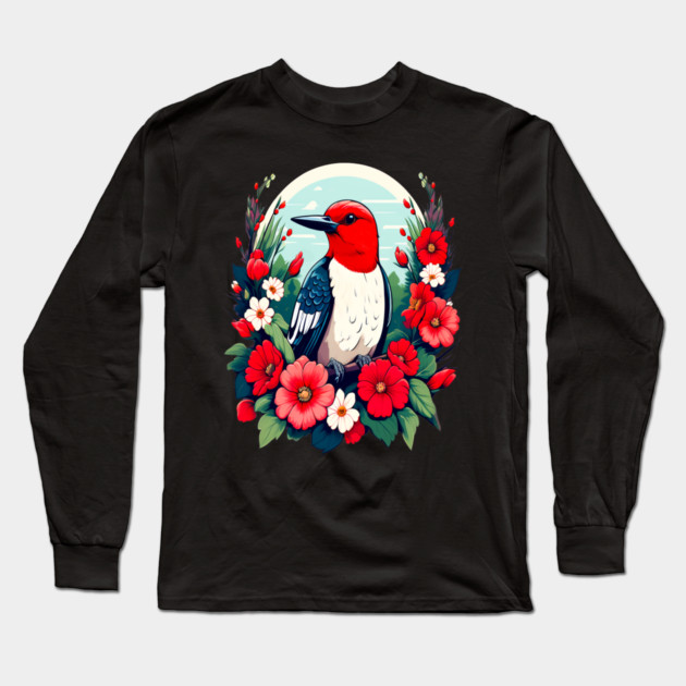 Cute Red Headed Woodpecker Surrounded by Vibrant Flowers Long Sleeve T-Shirt by BirdsnStuff