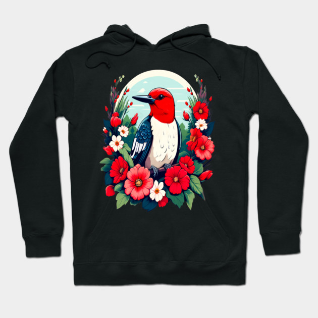 Cute Red Headed Woodpecker Surrounded by Vibrant Flowers Hoodie by BirdsnStuff