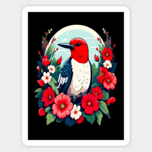 Cute Red Headed Woodpecker Surrounded by Vibrant Flowers Sticker