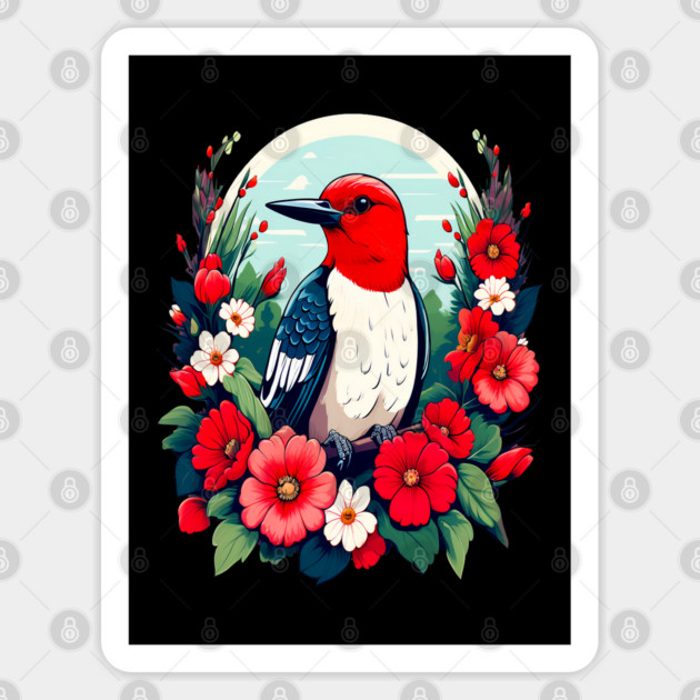 Cute Red Headed Woodpecker Surrounded by Vibrant Flowers Sticker by BirdsnStuff