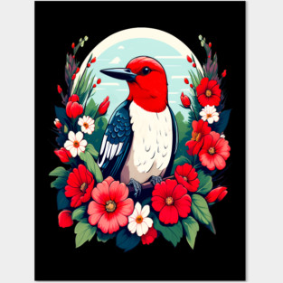 Cute Red Headed Woodpecker Surrounded by Vibrant Flowers Posters and Art