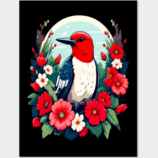 Cute Red Headed Woodpecker Surrounded by Vibrant Flowers Wall Art by BirdsnStuff