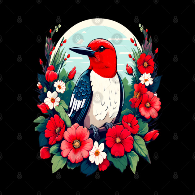Cute Red Headed Woodpecker Surrounded by Vibrant Flowers by BirdsnStuff