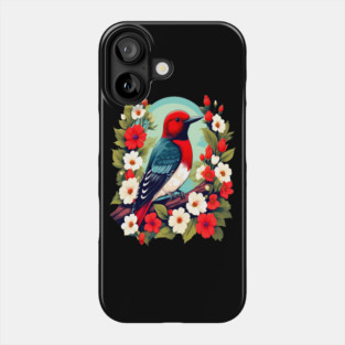 Cute Red Headed Woodpecker Surrounded by Vibrant Flowers Phone Case