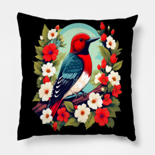 Cute Red Headed Woodpecker Surrounded by Vibrant Flowers Pillow