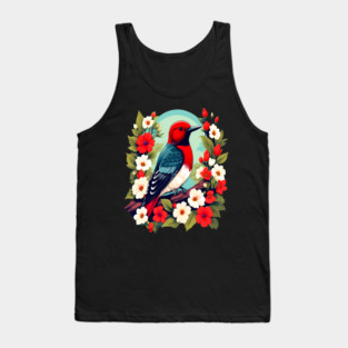 Cute Red Headed Woodpecker Surrounded by Vibrant Flowers Tank Top