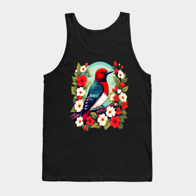 Cute Red Headed Woodpecker Surrounded by Vibrant Flowers Tank Top by BirdsnStuff