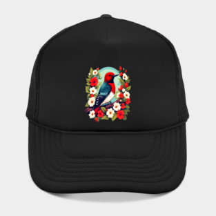 Cute Red Headed Woodpecker Surrounded by Vibrant Flowers Hat