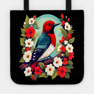 Cute Red Headed Woodpecker Surrounded by Vibrant Flowers Tote