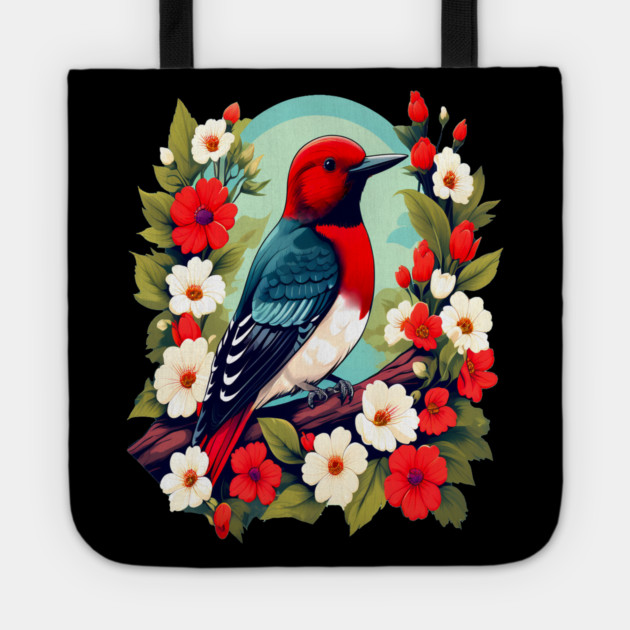 Cute Red Headed Woodpecker Surrounded by Vibrant Flowers Tote by BirdsnStuff