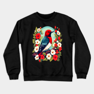 Cute Red Headed Woodpecker Surrounded by Vibrant Flowers Crewneck Sweatshirt