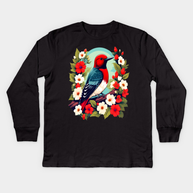 Cute Red Headed Woodpecker Surrounded by Vibrant Flowers Kids Long Sleeve T-Shirt by BirdsnStuff