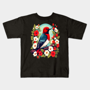 Cute Red Headed Woodpecker Surrounded by Vibrant Flowers Kids T-Shirt