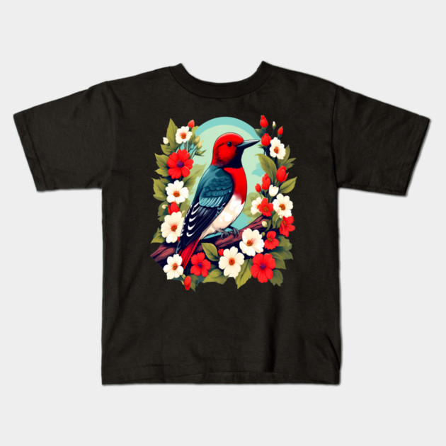 Cute Red Headed Woodpecker Surrounded by Vibrant Flowers Kids T-Shirt by BirdsnStuff