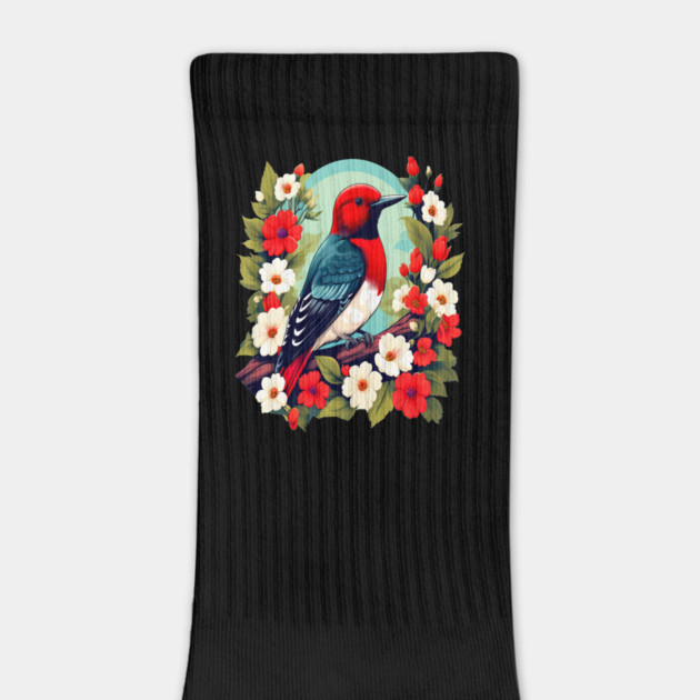 Cute Red Headed Woodpecker Surrounded by Vibrant Flowers by BirdsnStuff