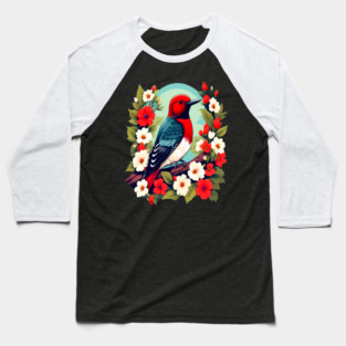 Cute Red Headed Woodpecker Surrounded by Vibrant Flowers Baseball T-Shirt