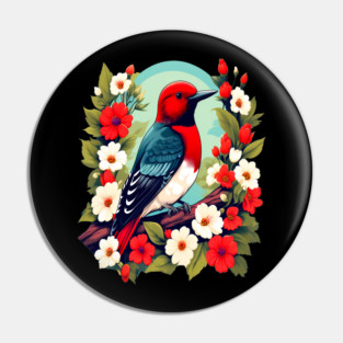 Cute Red Headed Woodpecker Surrounded by Vibrant Flowers Pin