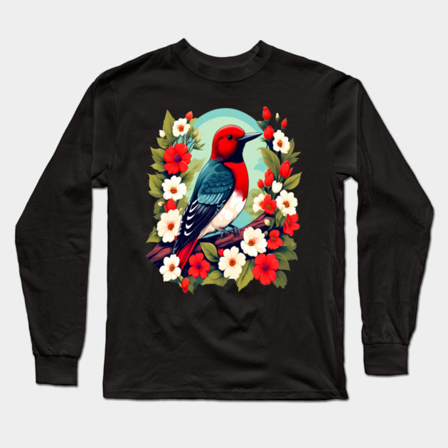 Cute Red Headed Woodpecker Surrounded by Vibrant Flowers Long Sleeve T-Shirt by BirdsnStuff