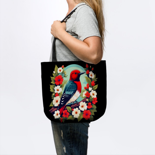 Cute Red Headed Woodpecker Surrounded by Vibrant Flowers by BirdsnStuff
