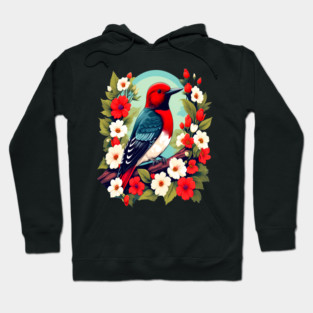 Cute Red Headed Woodpecker Surrounded by Vibrant Flowers Hoodie