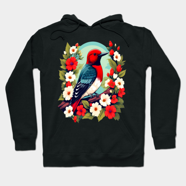 Cute Red Headed Woodpecker Surrounded by Vibrant Flowers Hoodie by BirdsnStuff