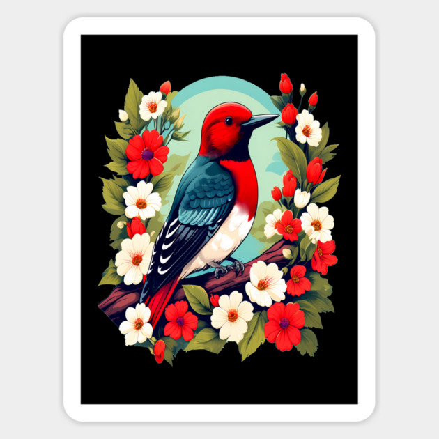 Cute Red Headed Woodpecker Surrounded by Vibrant Flowers Magnet by BirdsnStuff