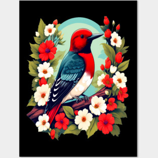 Cute Red Headed Woodpecker Surrounded by Vibrant Flowers Posters and Art