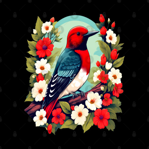 Cute Red Headed Woodpecker Surrounded by Vibrant Flowers by BirdsnStuff